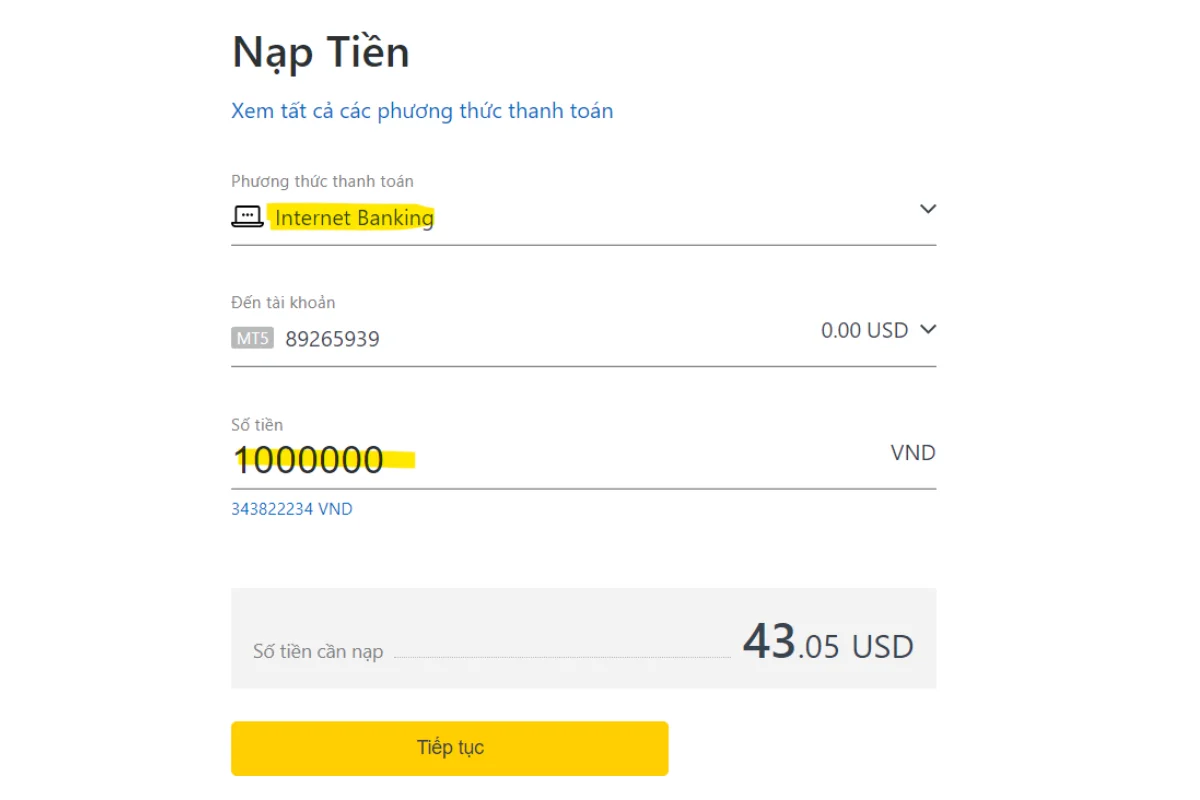 nạp tiền exness bằng Internet Banking