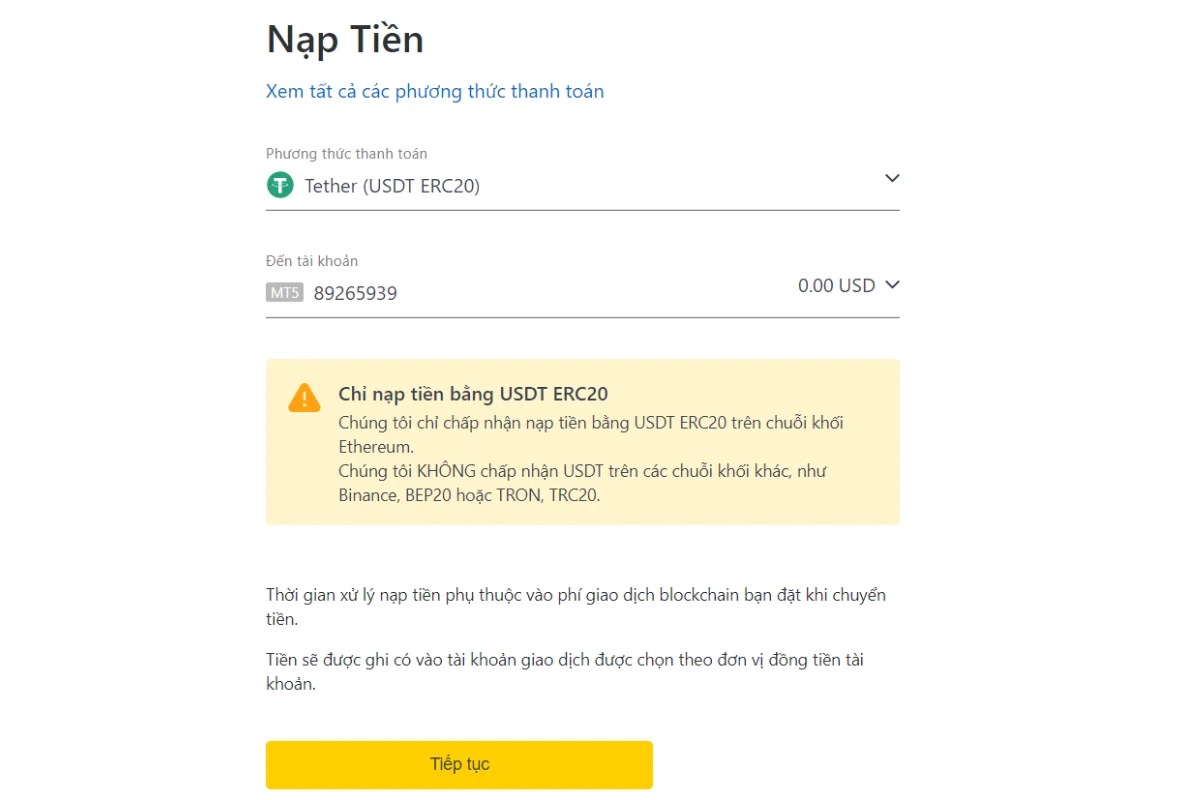 nạp tiền exness bằng USDT (Erc20)