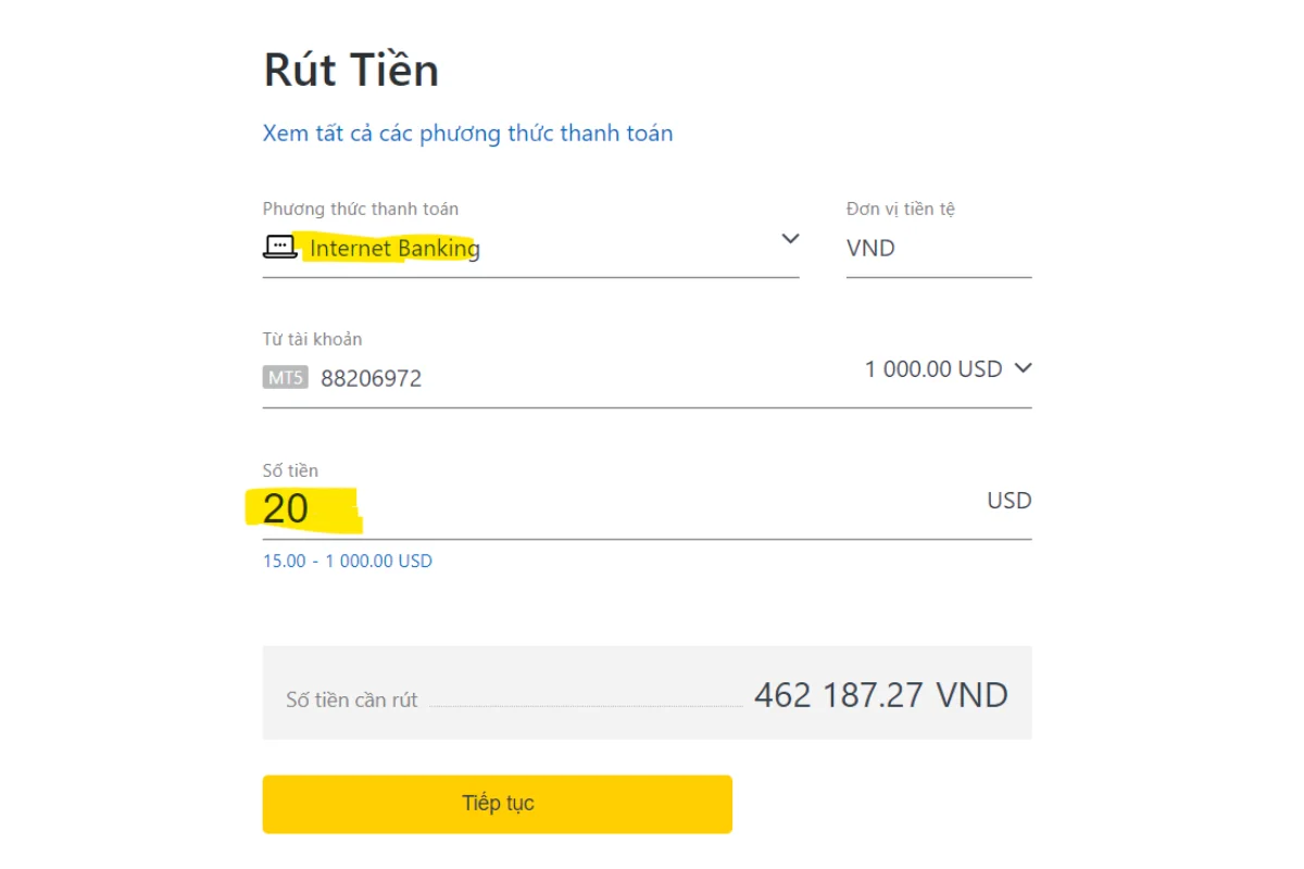 rút tiền exness bằng Internet Banking