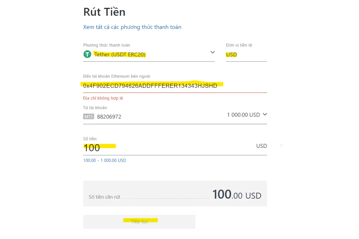 rút tiền exness bằng USDT (Erc20)